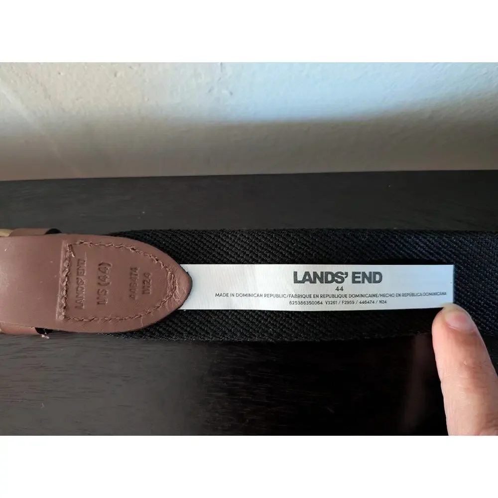 Lands' End Men's Stretch Belt Size 44 Black Elastic Cognac Leather Buckle